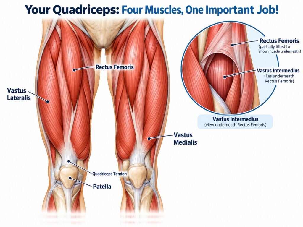 Anatomical illustration of the four quadriceps muscles showing the rectus femoris, vastus lateralis, vastus medialis and vastus intermedius, with the quadriceps tendon and kneecap.