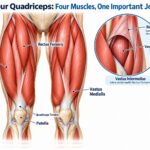 Anatomical illustration of the four quadriceps muscles showing the rectus femoris, vastus lateralis, vastus medialis and vastus intermedius, with the quadriceps tendon and kneecap.